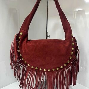 Fringed Red Suede Shoulder Bag